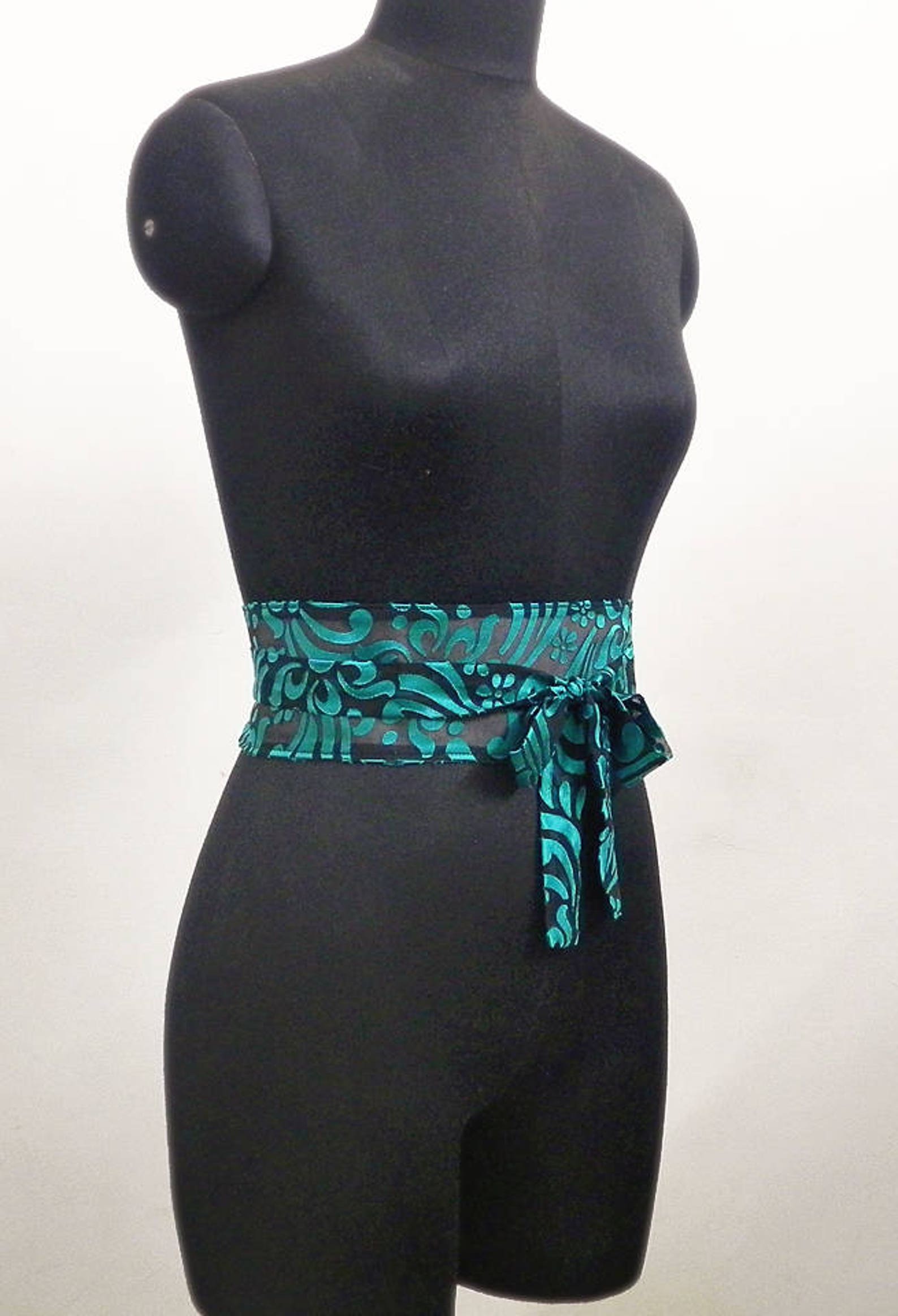 Black Obi Belt Sash Cummerbund Waist Cincher Floral Blue Etsy