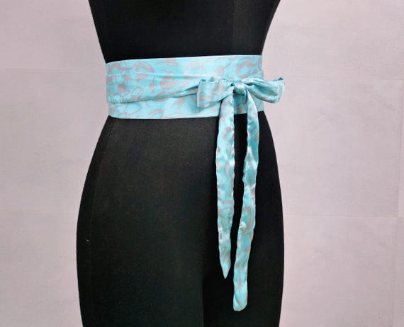 Blue Floral Satin Obi Belt, Kimono Dress Waist Cincher, Wide  display picture 2