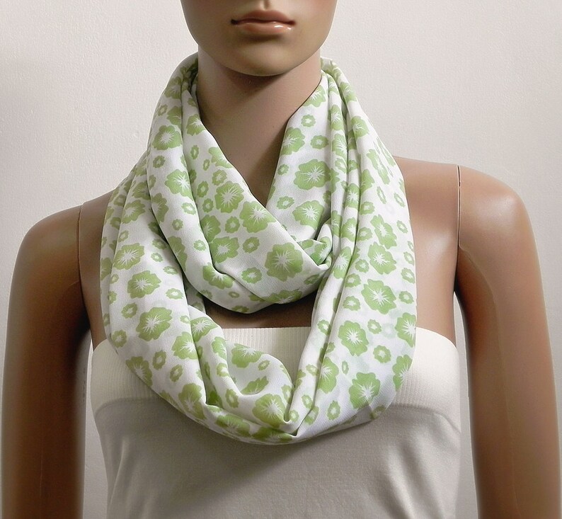 Green Infinity Scarf Women, White Floral Printed Scarf, Summer Scarves for Women, Long Loop Cowl Scarf, Circle Tube Scarves, Gifts for her image 5