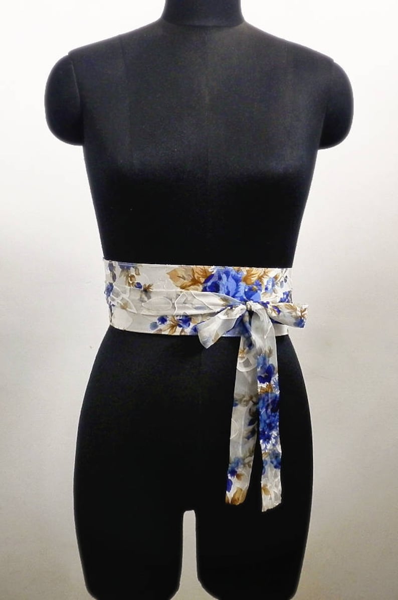 White Obi Belt Sash Cummerbund Waist Cincher Floral Blue Etsy