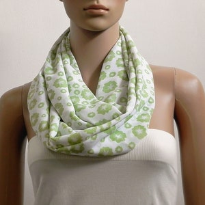 Green Infinity Scarf Women, White Floral Printed Scarf, Summer Scarves for Women, Long Loop Cowl Scarf, Circle Tube Scarves, Gifts for her image 3