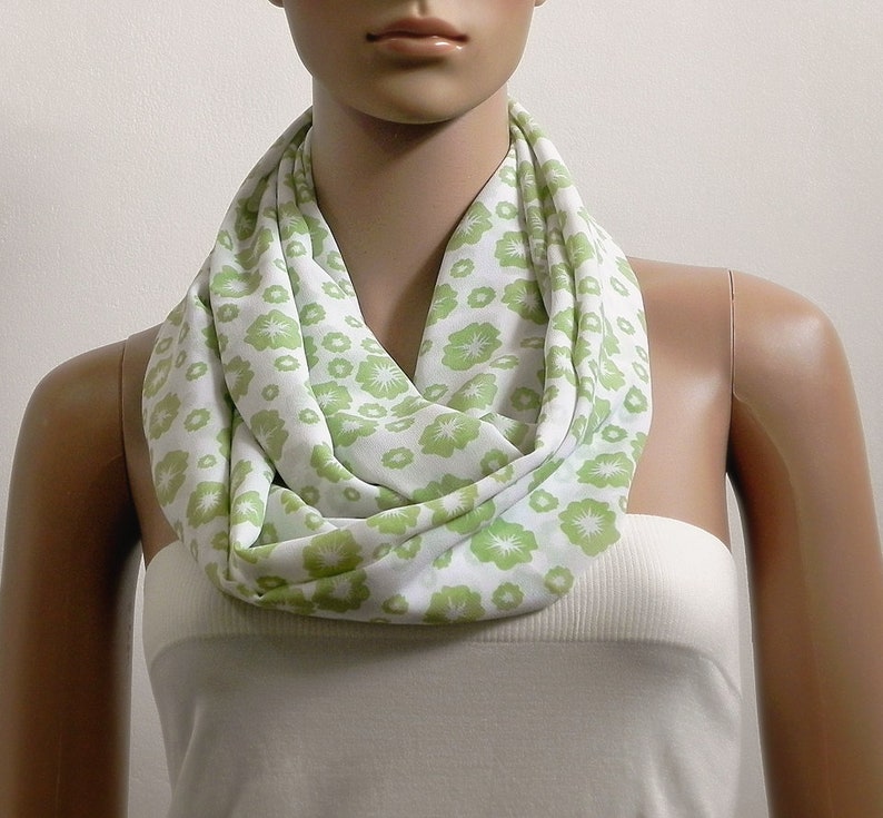 Green Infinity Scarf Women, White Floral Printed Scarf, Summer Scarves for Women, Long Loop Cowl Scarf, Circle Tube Scarves, Gifts for her image 3