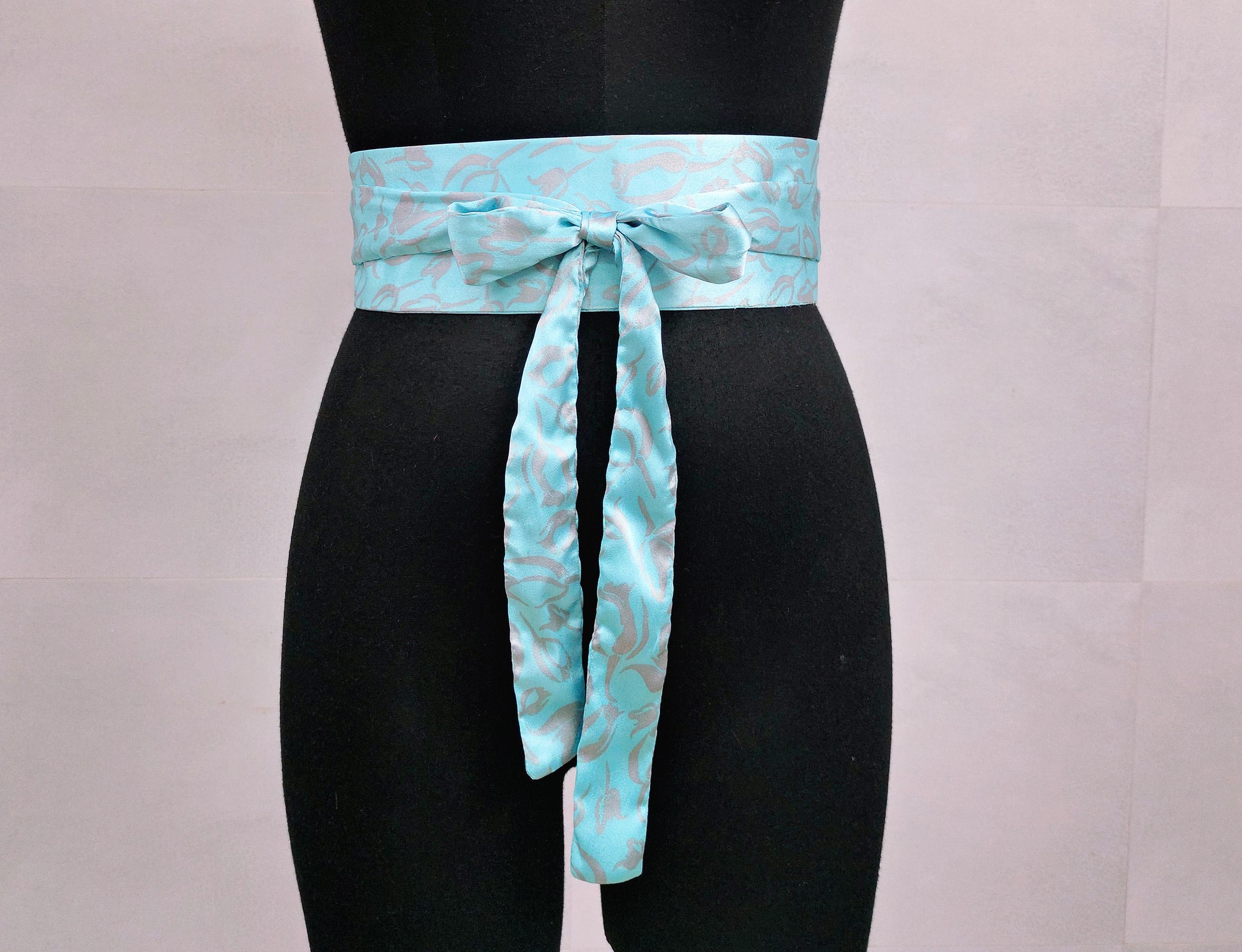 6837 Floral Lace Up Waspie Belt- Wide Waistband Obi Tied Corset For Wedding Obi Waist Belt Black Silver Slate Blue Gray, Reversible Wide  main image 2