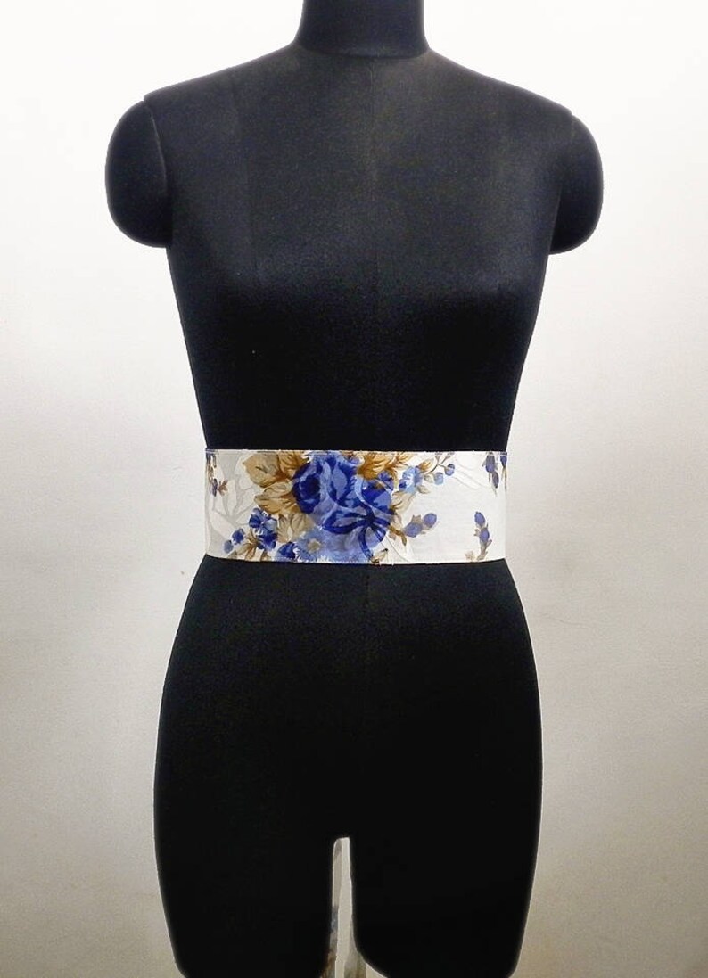 White Obi Belt Sash Cummerbund Waist Cincher Floral Blue Etsy