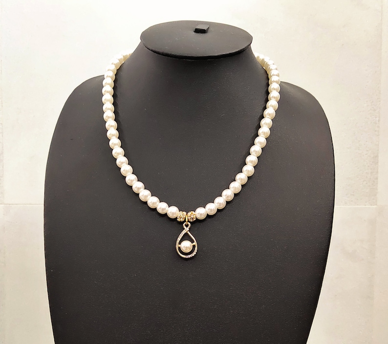 Pearl Necklace Choker Gold Pendant Rhinestone Necklace Etsy
