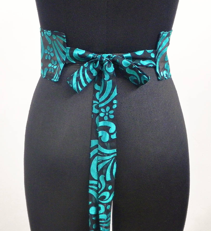 Black Obi Belt Sash Cummerbund Waist Cincher Floral Blue Etsy