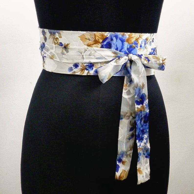 White Obi Belt Sash Cummerbund Waist Cincher Floral Blue Etsy