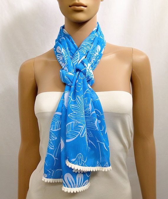 Blue Lace Scarf Women, Long Thin Scarf, White Floral Summer