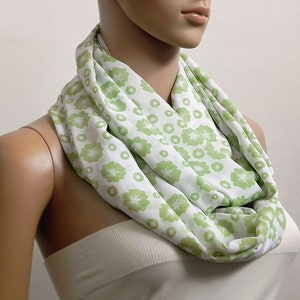 Green Infinity Scarf Women, White Floral Printed Scarf, Summer Scarves for Women, Long Loop Cowl Scarf, Circle Tube Scarves, Gifts for her image 2