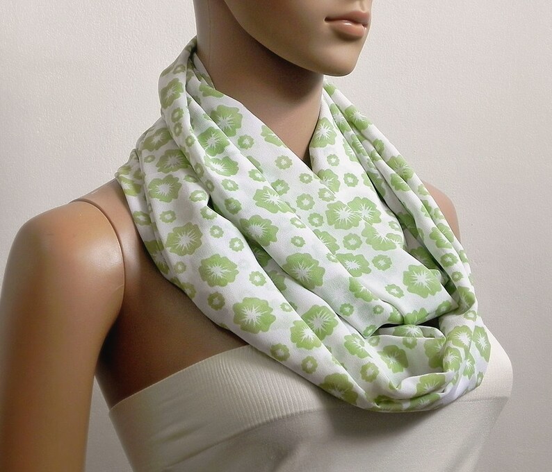 Green Infinity Scarf Women, White Floral Printed Scarf, Summer Scarves for Women, Long Loop Cowl Scarf, Circle Tube Scarves, Gifts for her image 2