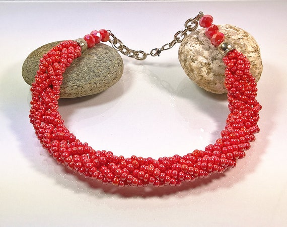 Red Choker Necklace Seed Bead Multi Strand Statement Necklaces