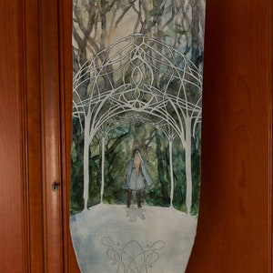 Elvenpaviljoen - kunstbanner - bedrukt wandtapijt met zilveren details en accenten van glaskralen