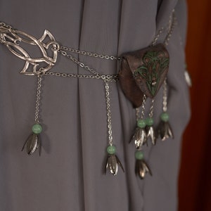 Tiny blue-grey Elven leather pouch belt with Jade beads and silver flowers