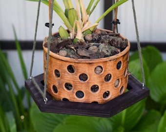 Hexagon Wood Plant Hanger: Wenge Stained Indoor Hanging Planter