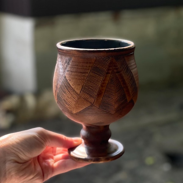 Rustic Ceramic Wine Goblet, 15 oz Hand-Carved Smooth Clay Pottery Chalice