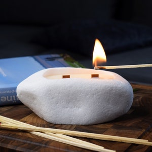 Handmade Soy Wax Candle in White Stone Candleholder with Mahogany shea Scent image 1