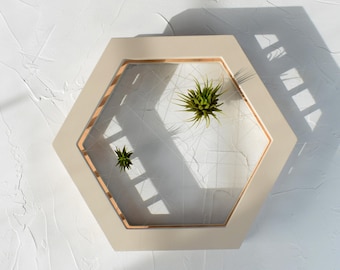 Marco de madera geométrico estilo boho para plantas de aire – Beige claro, para colgar en la pared o colocar sobre una estantería.