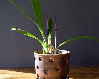 Middelbruine keramische orchideepot – 1700 ml (57,5 oz) met wortelopeningen