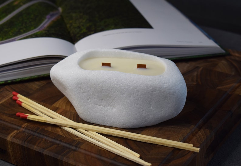 Handmade Soy Wax Candle in White Stone Candleholder with Mahogany shea Scent image 4