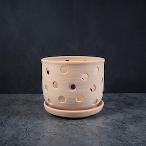 May include: A light peach-colored cylindrical ceramic planter featuring a pattern of evenly spaced circular cutouts throughout the body. The planter sits securely on a matching circular saucer, both finished in a smooth, matte, unglazed texture.