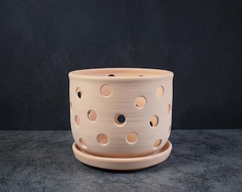 May include: A light peach-colored cylindrical ceramic planter featuring a pattern of evenly spaced circular cutouts throughout the body. The planter sits securely on a matching circular saucer, both finished in a smooth, matte, unglazed texture.