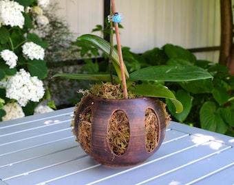 Grote bruine orchideeënpot – ronde keramische plantenbak van 2600 ml voor orchideeën, grote ventilatiegaten