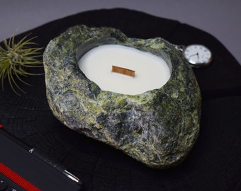 Handmade Soy Wax Candle in Stone Candleholder with "Mountain Mist" Scent