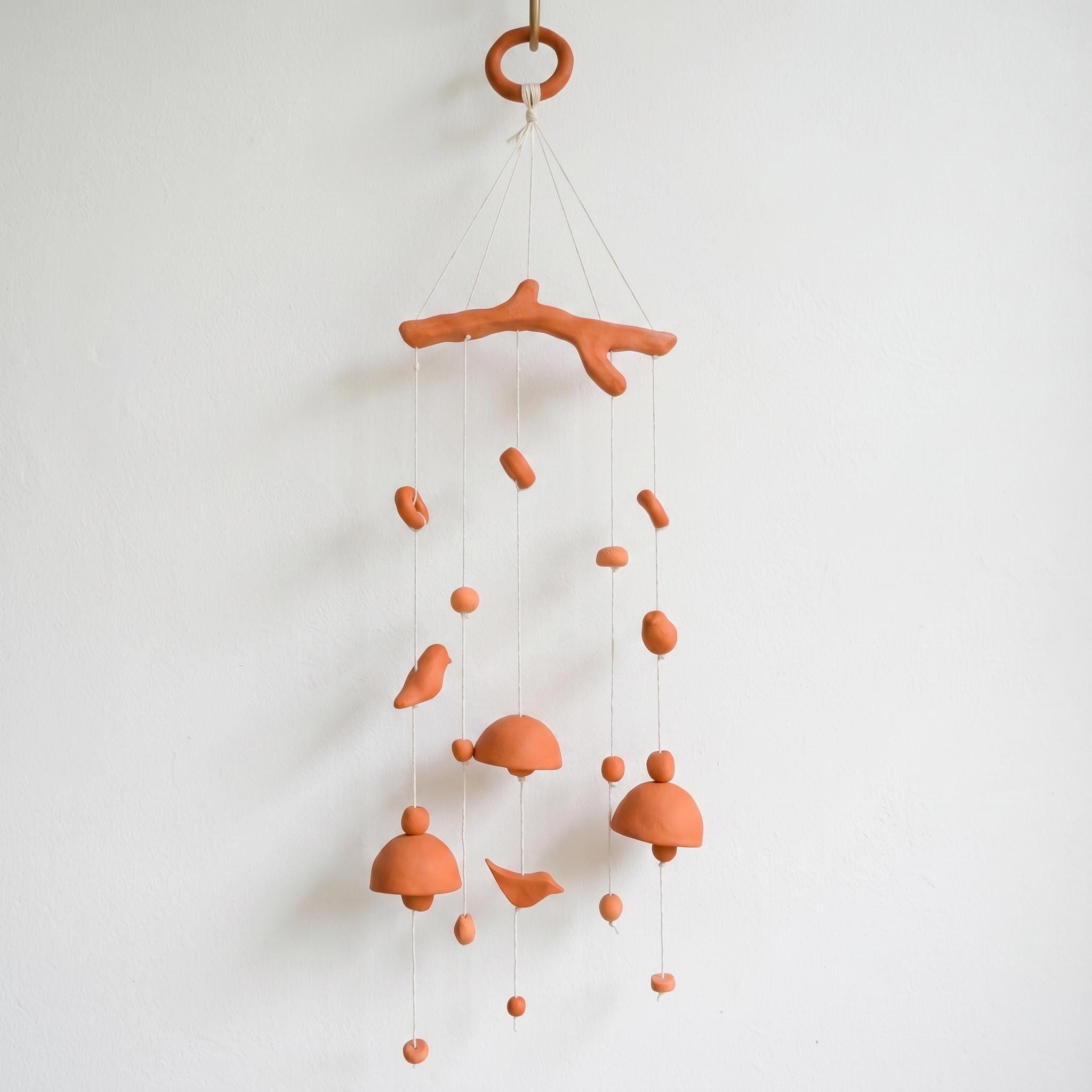 Ceramic Bell Wind Chime Mobile – Terracotta, Rustic Garden Decor