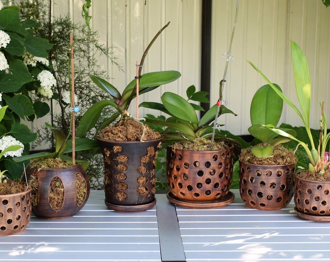 Rustic Brown Ceramic Orchid Planters – Small & Large Clay Pots with Drainage