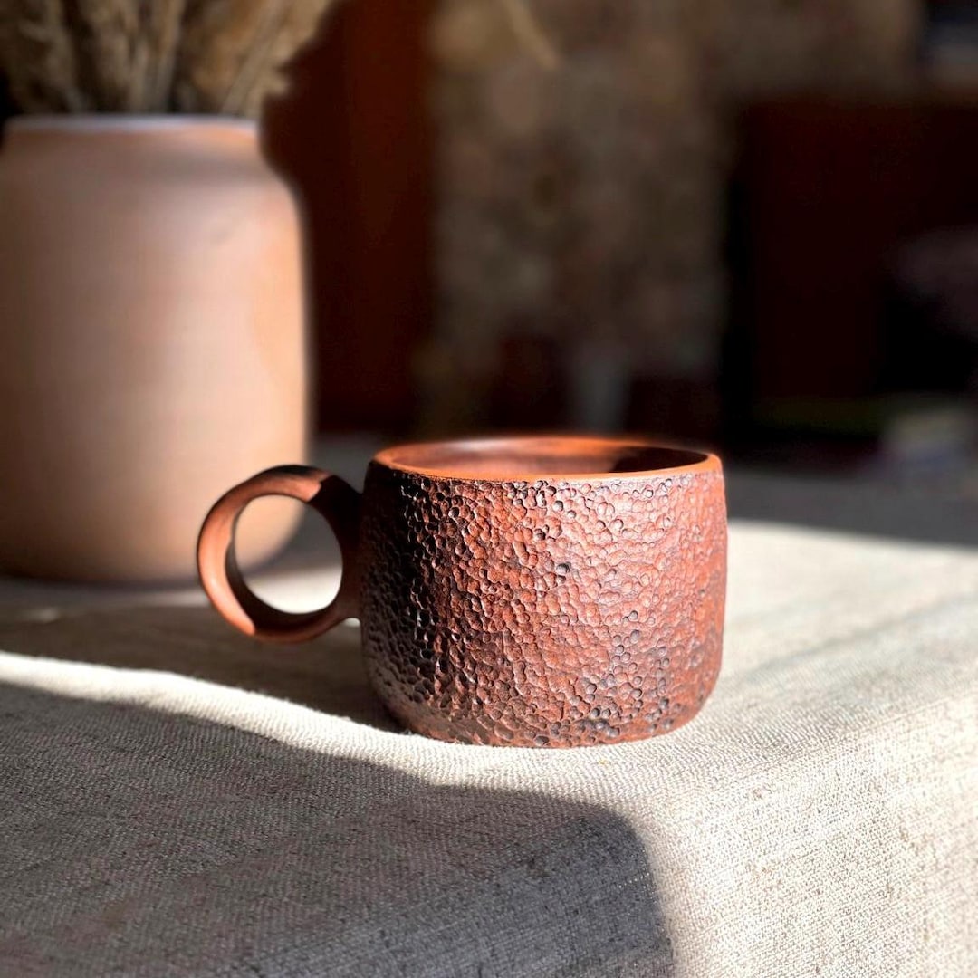 Rustic Cups Rustic Brown Clay Cup – Ceramic Mug With Hand-carved Ornament and ...
