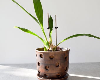 Medium Ceramic Orchid Pot with Holes and Saucer