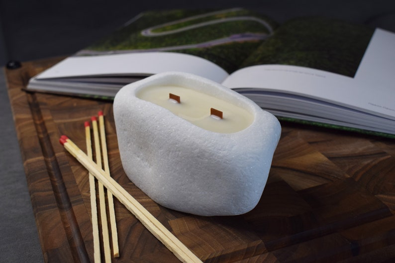 Handmade Soy Wax Candle in White Stone Candleholder with Mahogany shea Scent image 9