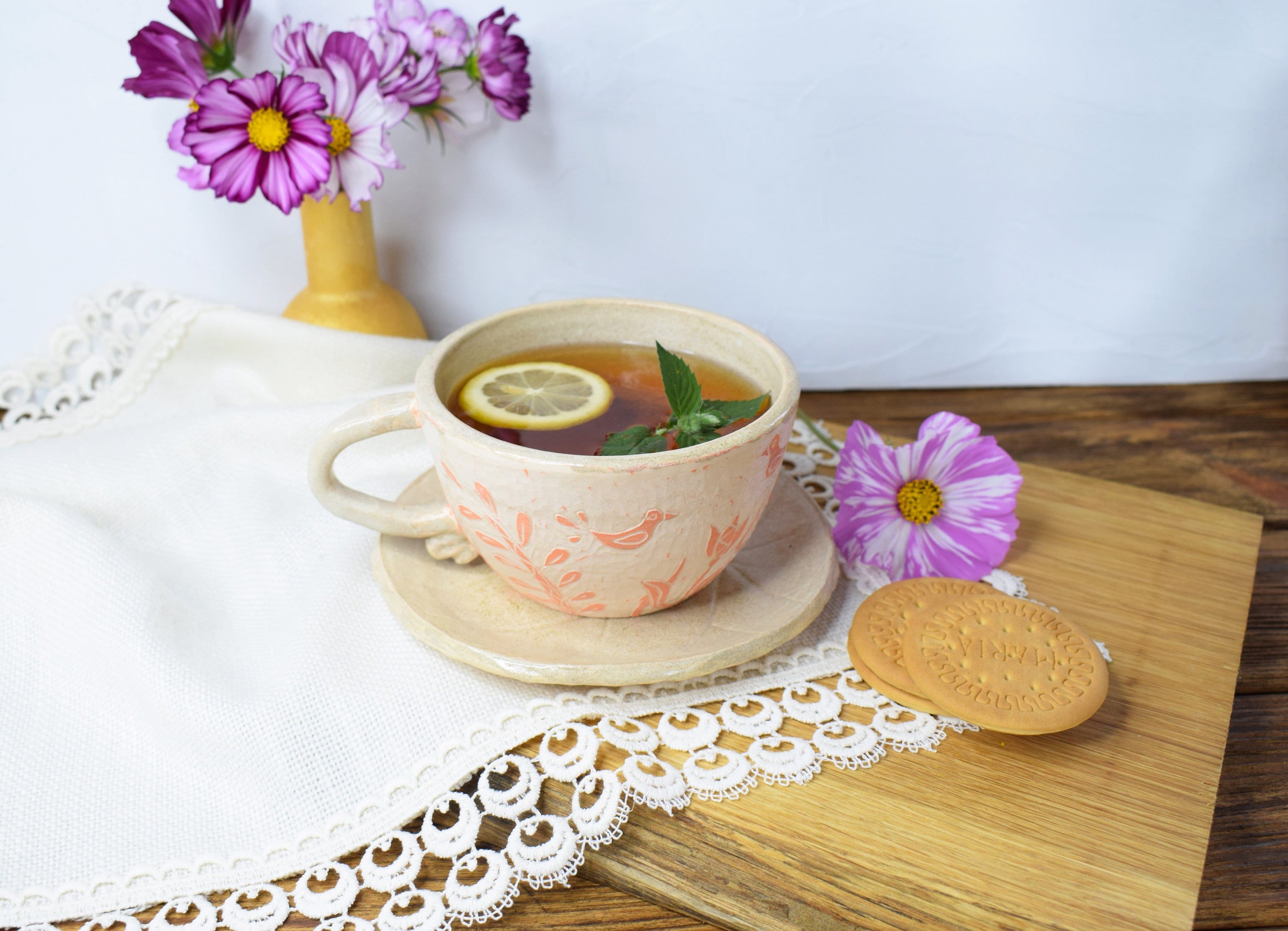 Hand Painted Tea Cup with Saucer - Cappuccino Cup - Birds Mug - Latte Mugs - Hand thrown Mug - Breakfast Cup - Handcrafted Ceramic Mug