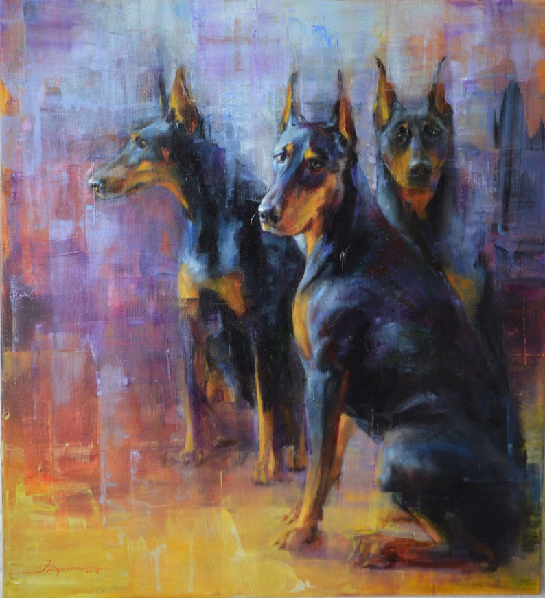 Black Dog Doberman Oil Painting Big Black Dogs Animal Picture