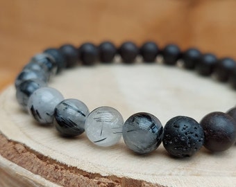 Men's tourmalinated quartz crystal essential oil diffuser bracelet / Quartz, wood and lavastone aromatherapy diffuser bracelet