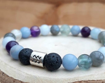 Aquarius zodiac crystal bracelet / Zodiac gemstone diffuser bracelet / Essential oil diffuser / Aromatherapy lavastone diffuser bracelet