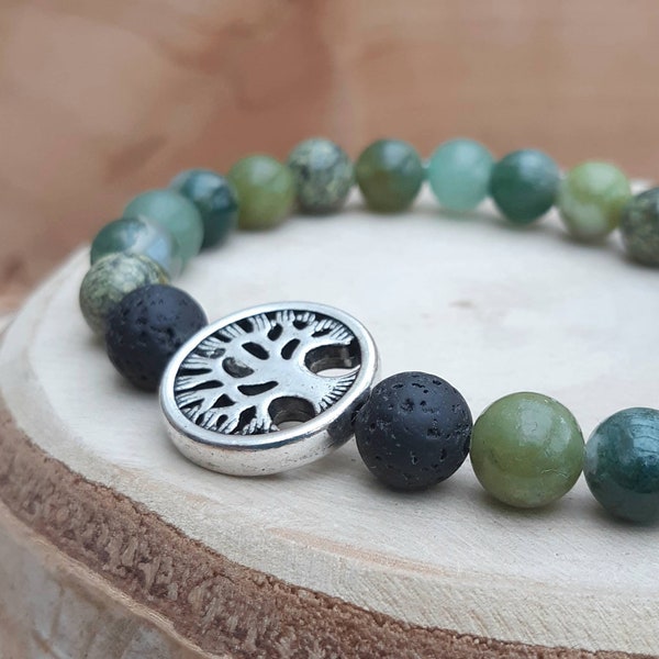 Green crystal 'Tree of Life' essential oil diffuser bracelet / Green gemstone diffuser bracelet / Aromatherapy lavastone diffuser bracelet