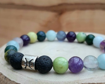 Pisces zodiac crystal bracelet / Zodiac gemstone diffuser bracelet / Essential oil diffuser / Aromatherapy lavastone diffuser bracelet