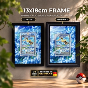 Op de afbeelding: Twee 13x18cm lijsten met een verzamelkaart in een doorzichtige hoes met uitgebreide illustraties. Eén lijst is gelabeld als Classic en de andere als Shadowbox. Tekst bevat 13x18cm FRAME, RAHMEN + CARD CASE + EXTENDED ARTWORK.