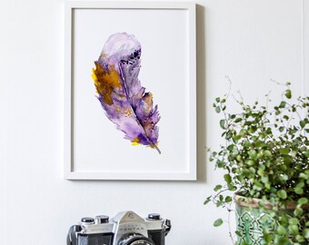 Feather Print. Feather Art. Watercolour Print. Wall Art. Feather. Boho Art. Wall Art Print. Purple Feather. Feather Picture.