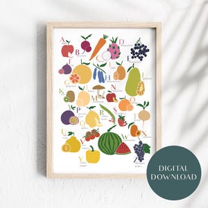 Fruit and veg alphabet print. ABC fruit & vegetable art. A-Z food. Nursery playroom decor kid children baby shower. Illustrated poster gift.