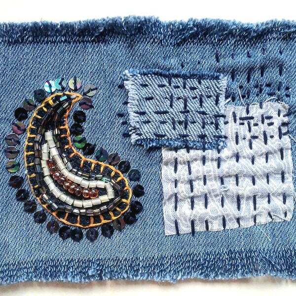 Handmade Embroidered Denim Patch with a Paisley Motif, Beads and Sequins, Sashiko/Boro inspired, Sew-On, Visible Mending, Repurposed Fabric