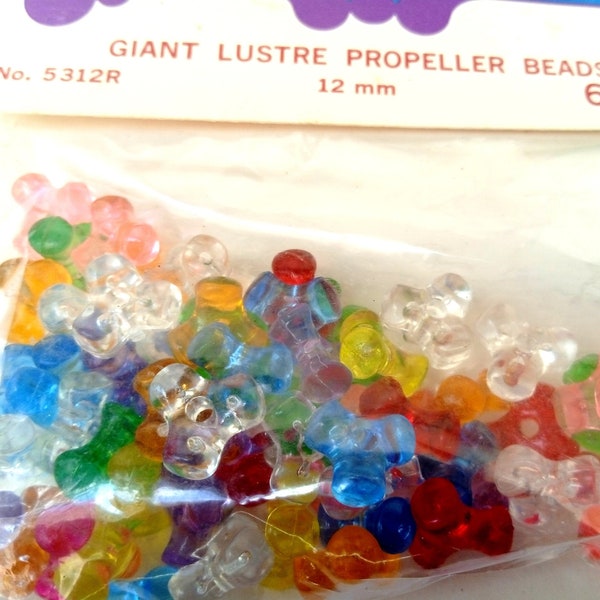 Vintage Multicolor Propeller Plastic Beads, 12 mm,  Translucent Interlocking, 60 pc, Original Packaging, for Crocheting, Bracelets, Trims