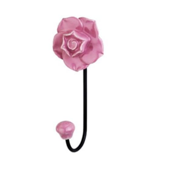 Beautiful 3D Flower Ceramic Wall Coat Hook, Decorative Robe Hook, Scarf, Bag, Towel, Hat etc. for Kitchen Bathroom Office (Rose Pink)