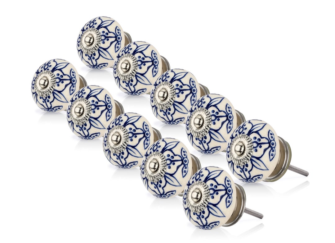 10 Pack Ceramic Knobs, Handmade Floral Decorative Ceramic Knobs, Blue