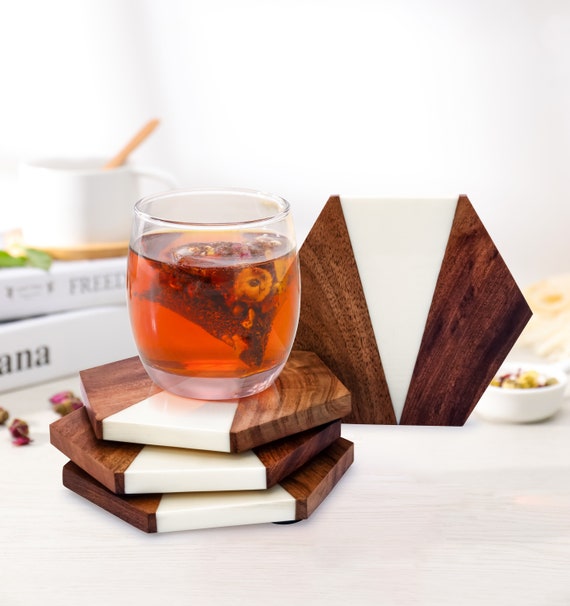 Modern Coasters for Drinks Premium Carbon & Wood Coaster Unique Geometric  Design Protects Wooden Table Unique Gift in Luxury Gift Box 