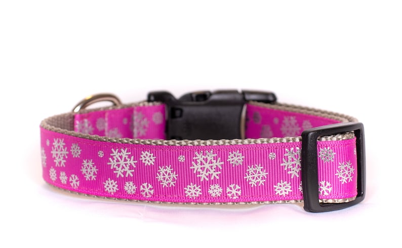 Winter Wonderland 1 Inch Webbing Quick Release Dog Collar See Item Details for Sizing Pink with Silver Foil Snowflakes