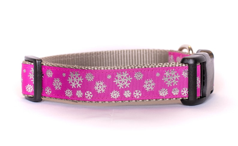 Winter Wonderland 1 Inch Webbing Quick Release Dog Collar See Item Details for Sizing Pink with Silver Foil Snowflakes