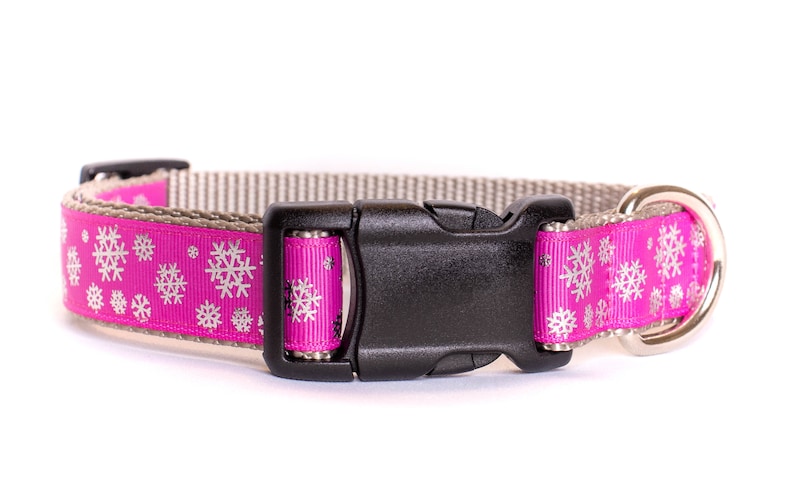 Winter Wonderland 1 Inch Webbing Quick Release Dog Collar See Item Details for Sizing Pink with Silver Foil Snowflakes