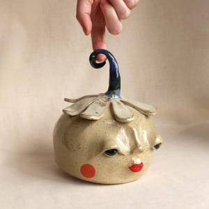 Handmade Petal Head with Stem, Moon Face, Sculpture, Speckled Stoneware Decor, Unique Face with Rosy Cheeks